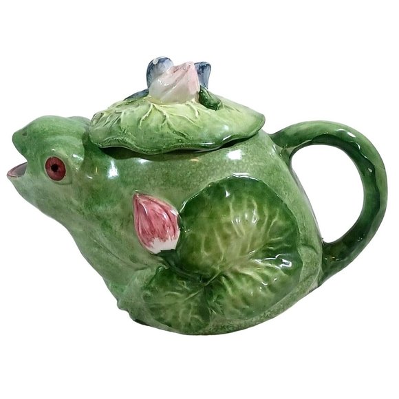 Vintage Signed Majolica Pottery Frog  Butterfly Capodimonte Teapot Made … - Picture 5 of 12